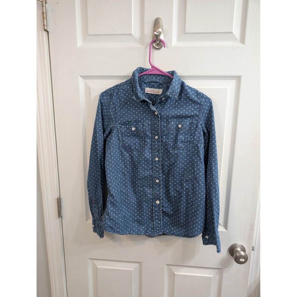 Love Hanna Polka Dot Denim Shirt Womens Blue Chambray Button Up - Size 6